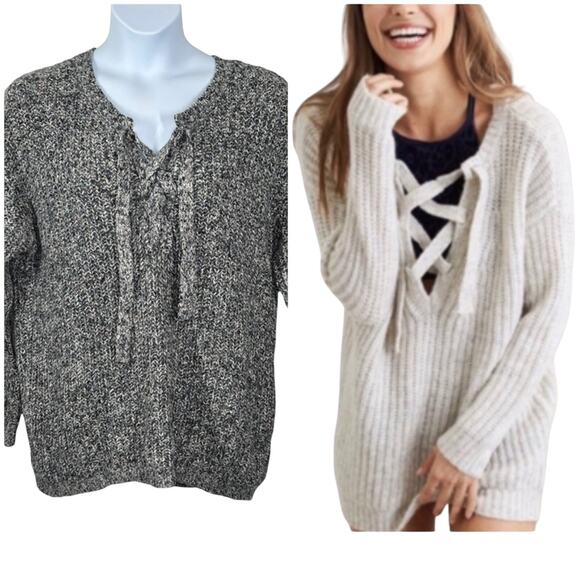 Aerie Gray Chunky Knit Sweater | Confetti Threads Lace-Up Neckline Cozy Pullover - Picture 1 of 13